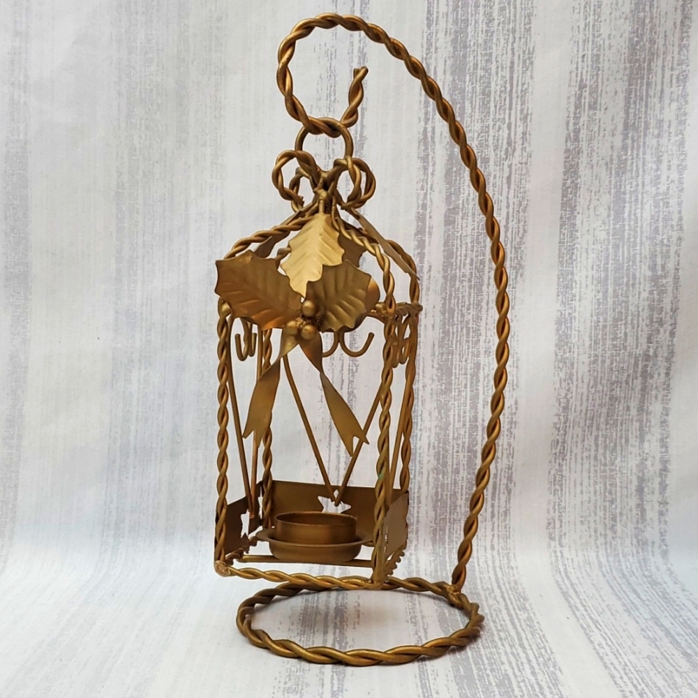 Lantern Luminary Candle Holder Holly Berry Heart Christmas Gold Tone Metal